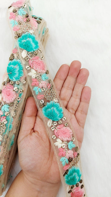 9 Yards Blue and Pink Soft Net Lace Trim Floral Embroidery and Gold Sequins, Floral Sari Border, Decorative Trim